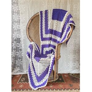 Cozy Purple and White Vintage Crochet Throw Blanket